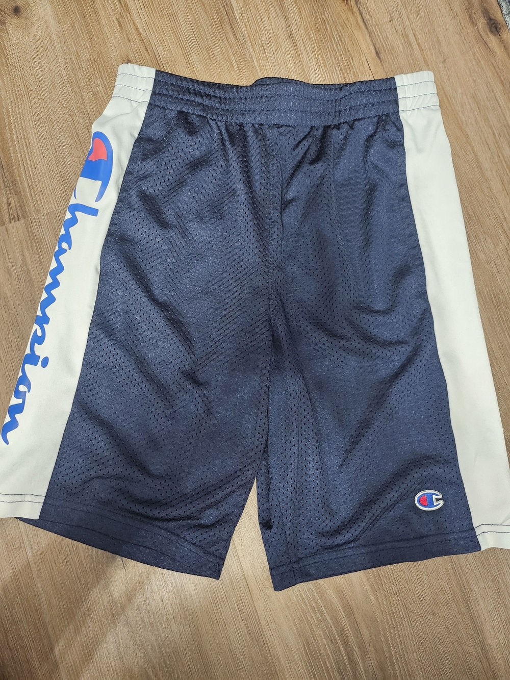 Champion Navy and Cream Mesh Athletic Shorts with Script Logo